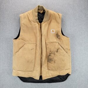 Vintage Carhartt Vest Quilted Distressed Faded Tan Brown Union USA Mens Medium